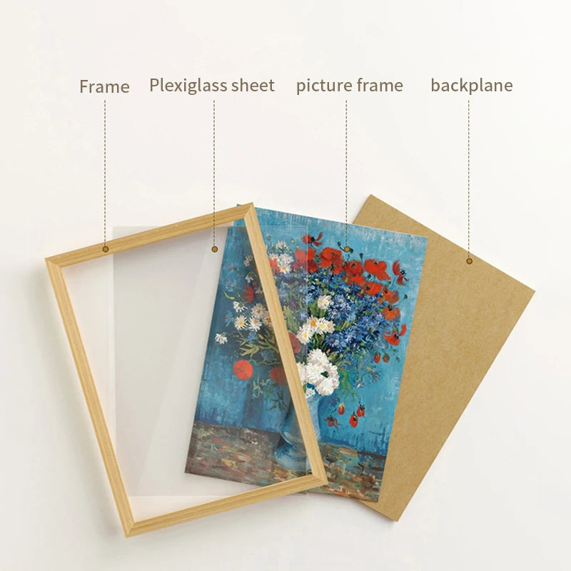 A wooden photo frame with a plexiglass sheet displaying a floral painting against a beige backplane.
