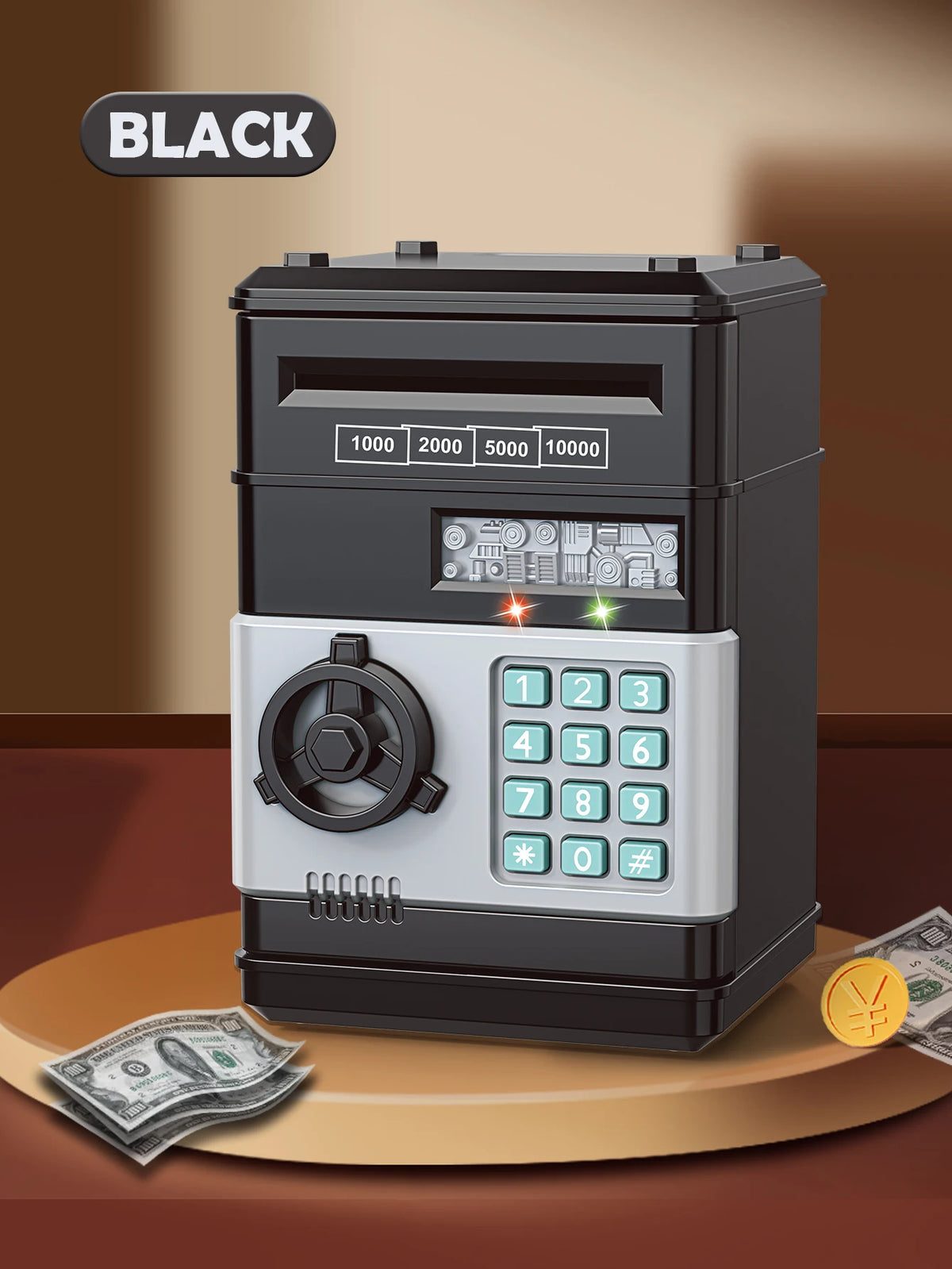 A black password saving piggy bank with a digital display and a rotary dial is shown on a wooden surface.