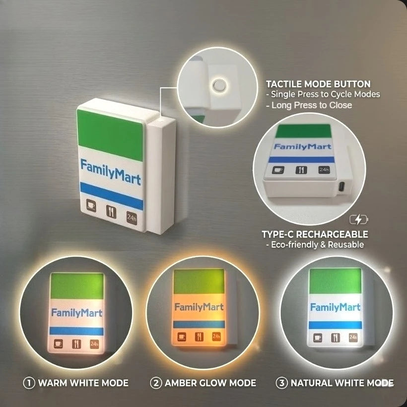 A FamilyMart mini LED rechargeable fridge magnet sign showing three modes: Warm White, Amber Glow, and Natural White.