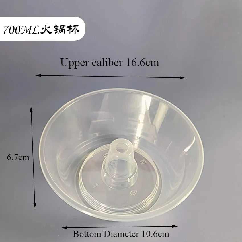 A clear plastic cup with a 16.6cm upper caliber and a 10.6cm bottom diameter.
