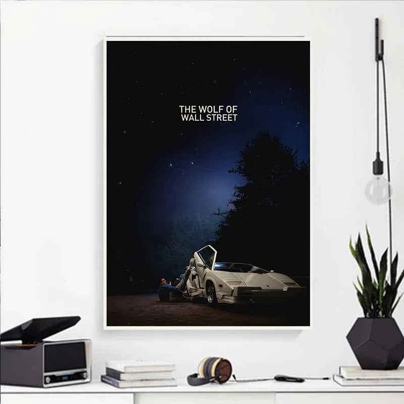 A canvas print titled The Wolf of Wall Street featuring a dark, moody scene with a car and trees against a night sky.