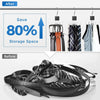 Before and after comparison showing a 360° rotating multi-claw hanger for closet organization.