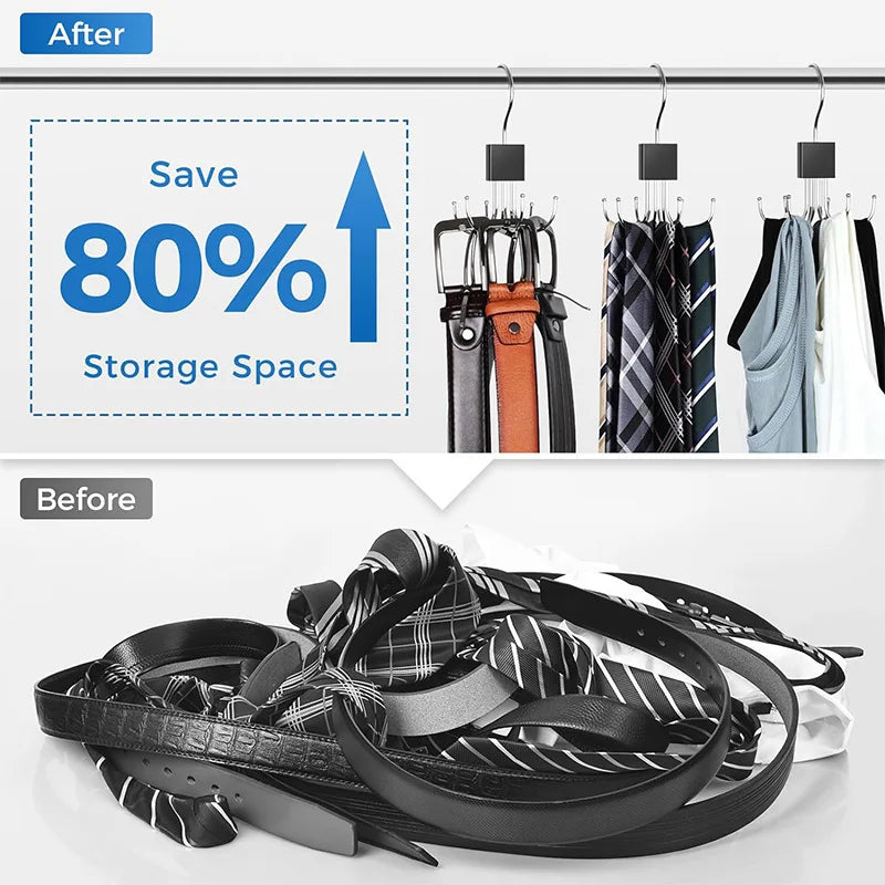 Before and after comparison showing a 360° rotating multi-claw hanger for closet organization.