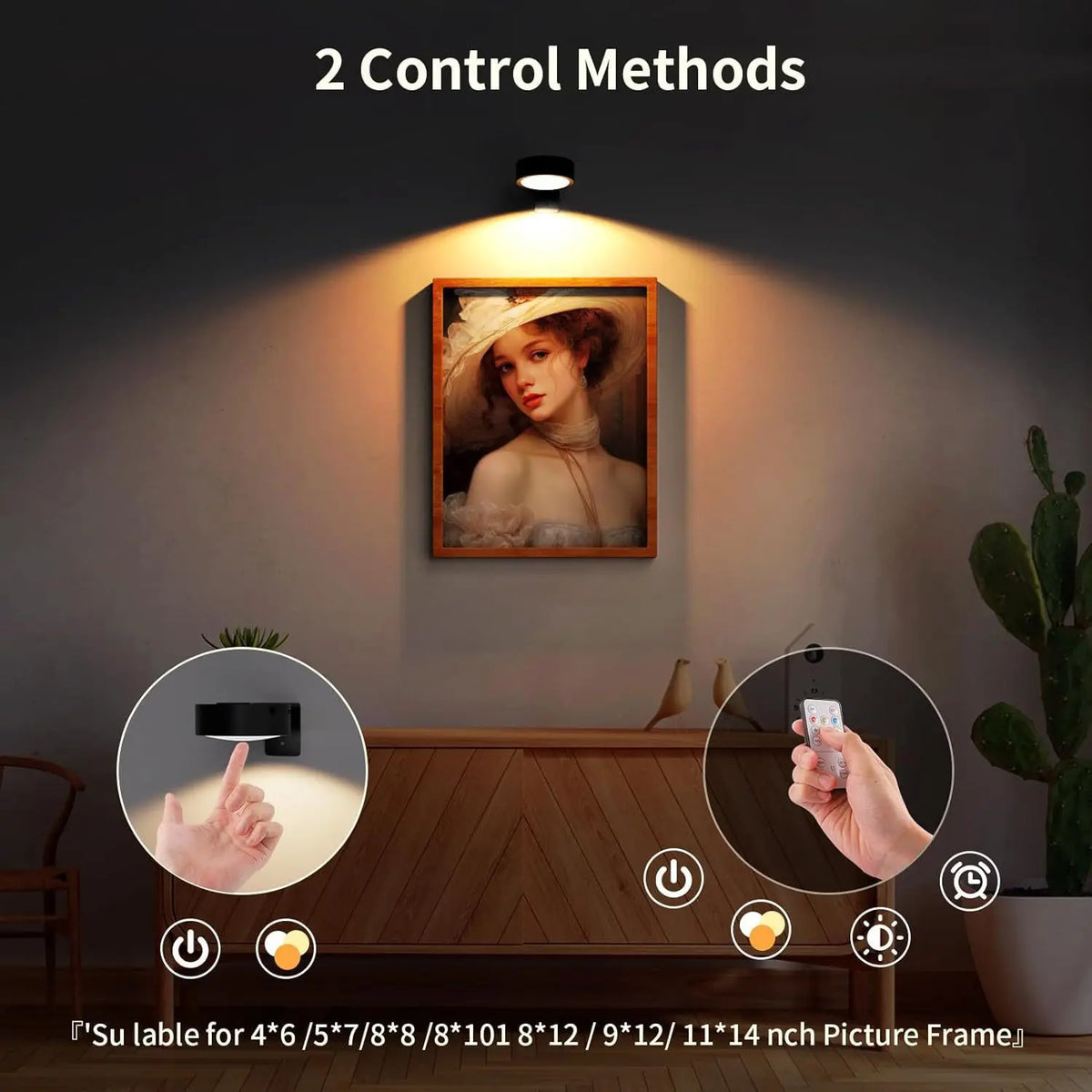 Two control methods shown for an LED picture light with remote control and magnetic mount.