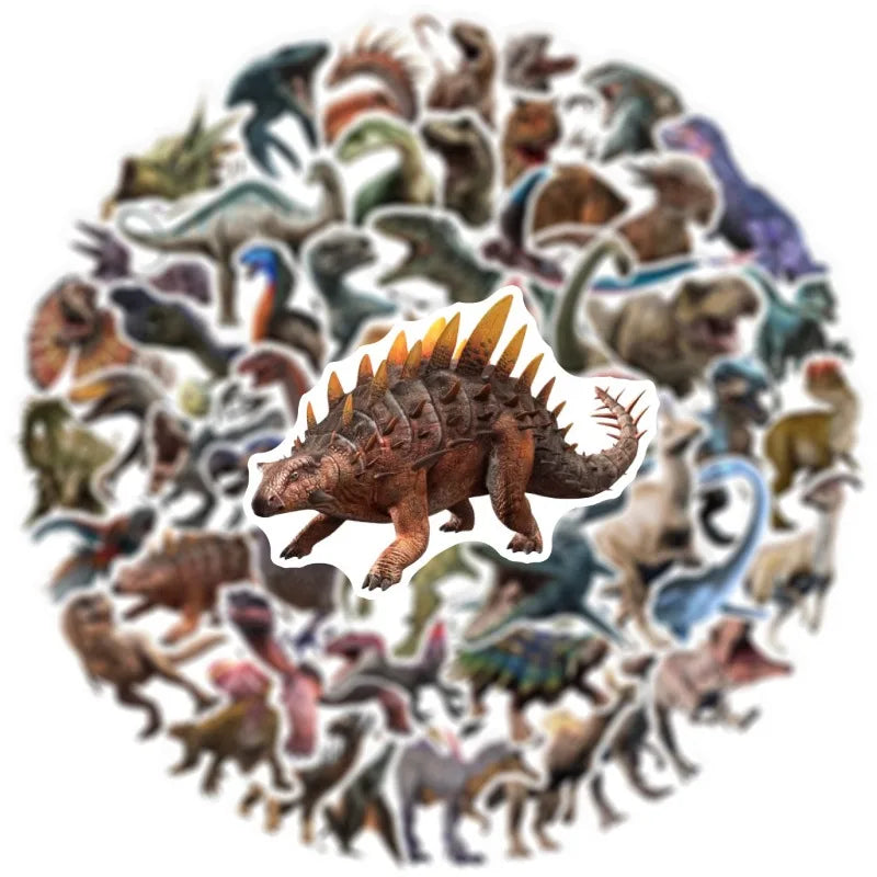 Arrangement circulaire d'autocollants de dinosaures en carton variés en couleurs et poses.