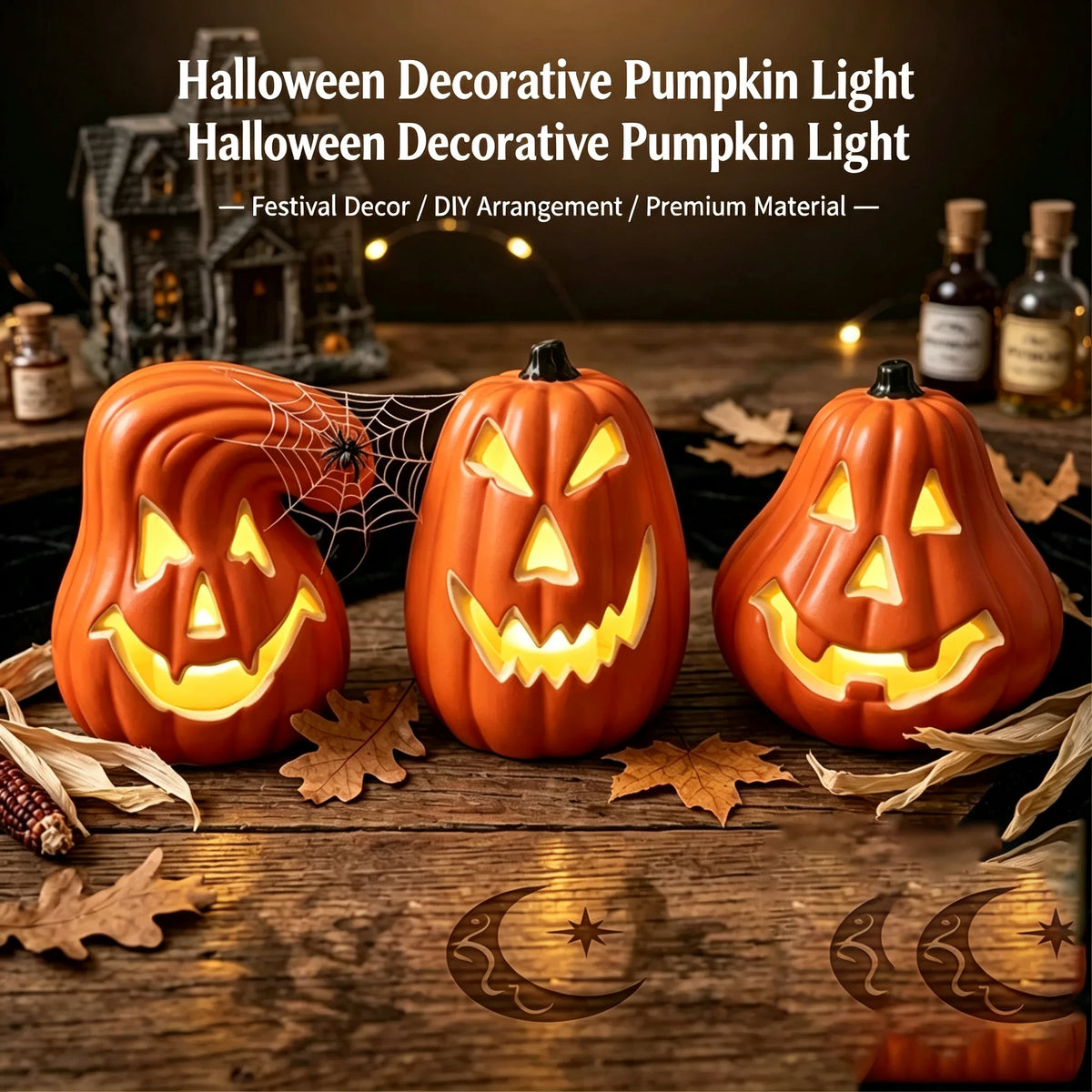 Three glowing orange carved pumpkins decorated for Halloween with jack-o'-lantern faces on a wooden surface.