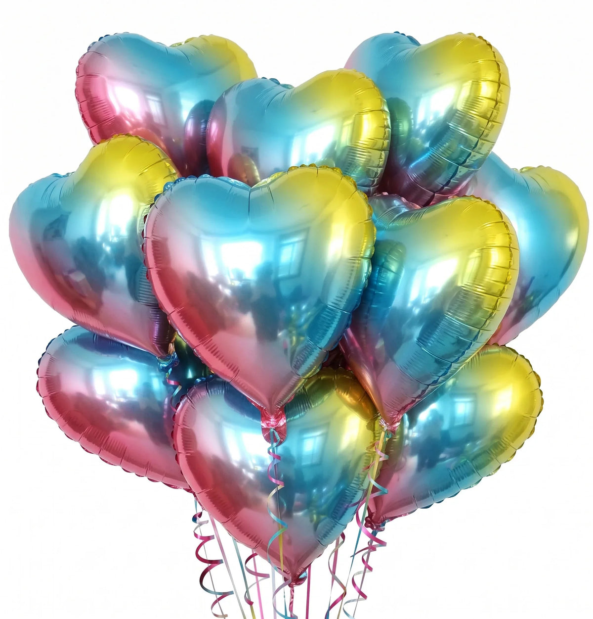 A bunch of ten heart-shaped foil balloons in shades of pink, blue, and gold.
