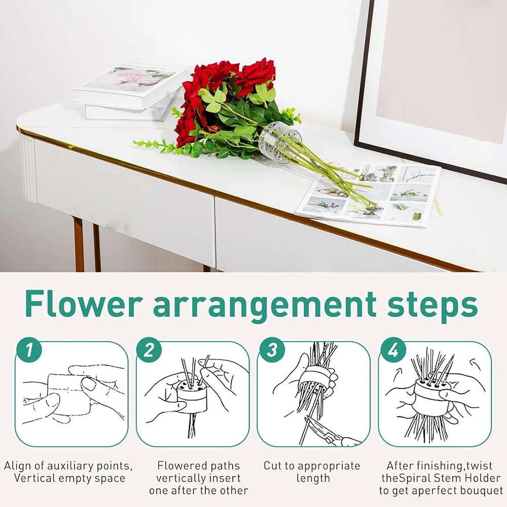 Diagram showing four steps for making a flower arrangement using a spiral stem holder