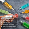 A hand is shown preparing party syringes for drinking games, including injecting drinks and refrigerating the caps.
