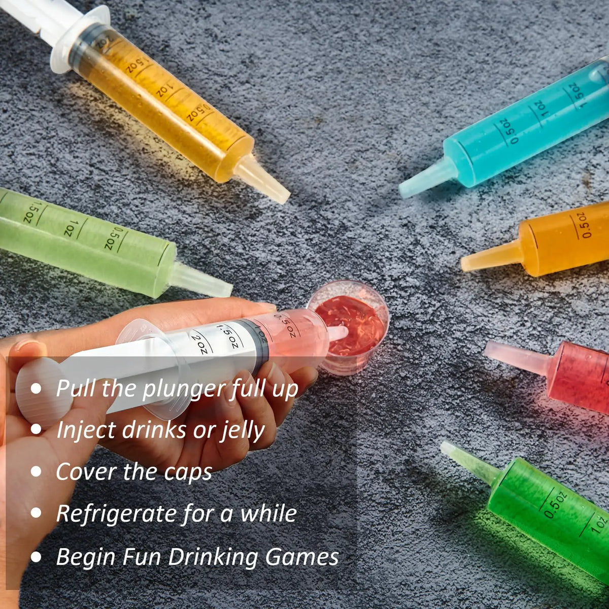 A hand is shown preparing party syringes for drinking games, including injecting drinks and refrigerating the caps.
