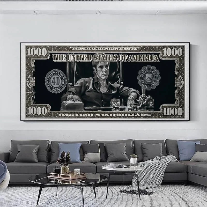 Impresión de arte en lienzo sin marco de un billete de la Reserva Federal con los Estados Unidos y billetes de $1000.
