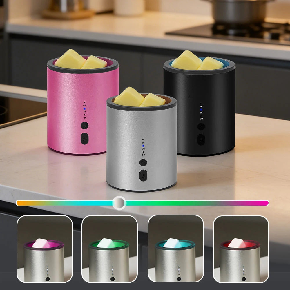 A set of three modern, cylindrical electric candle warmers or lamps in pink, silver, and black, shown with color changing lig