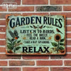 Vintage metal garden sign with the quote Garden Rules Listen to Birds Feel the Breeze Read a Book Take a Nap Sip a Drink Rela