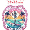 Pink glitter acrylic charms featuring a palm tree and a figure on a circular background for DIY crafts