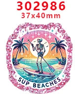 Pink glitter acrylic charms featuring a palm tree and a figure on a circular background for DIY crafts