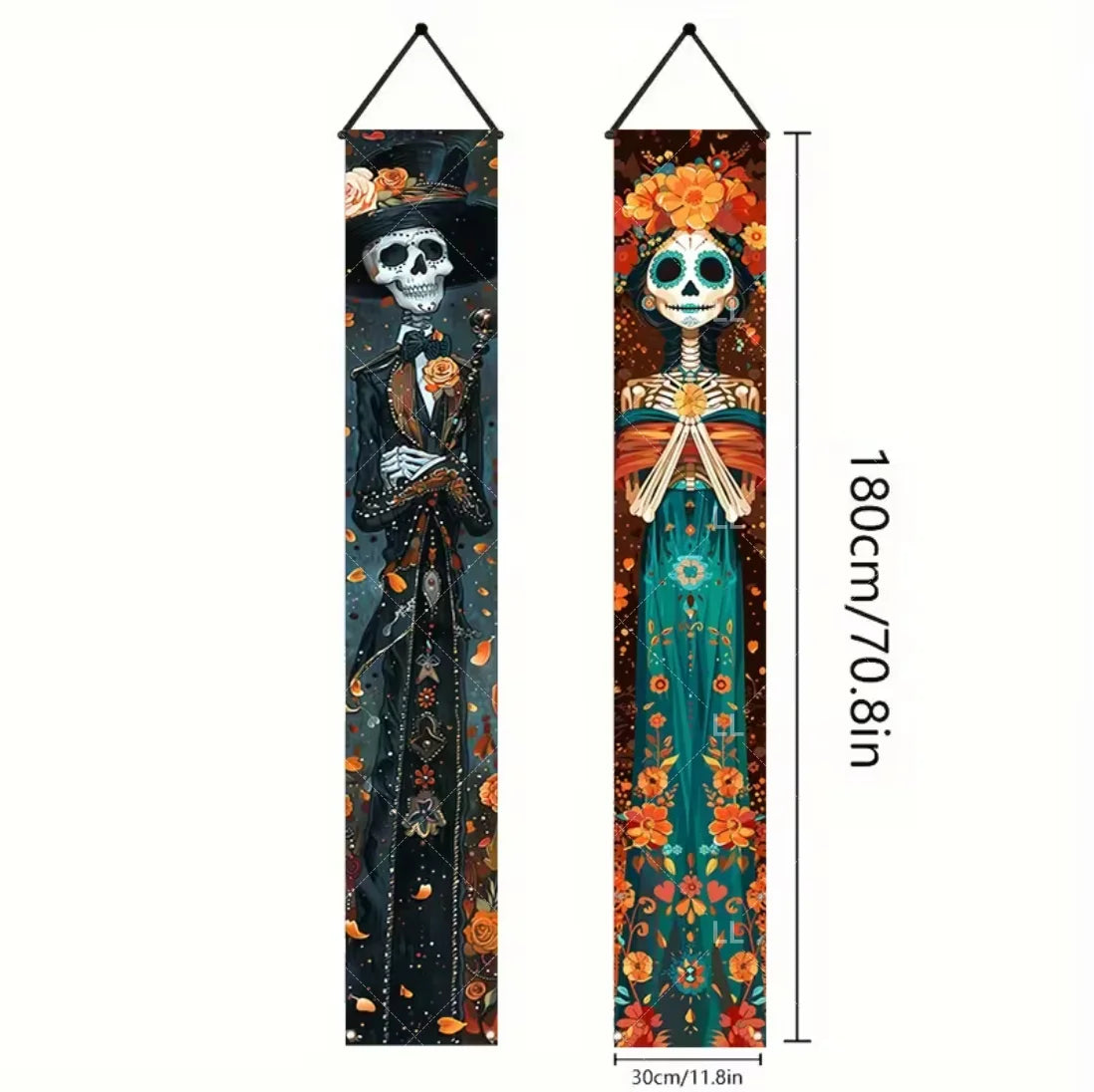 A vertical banner featuring a Mexican skull and floral motifs in dark tones of black, orange, and teal.