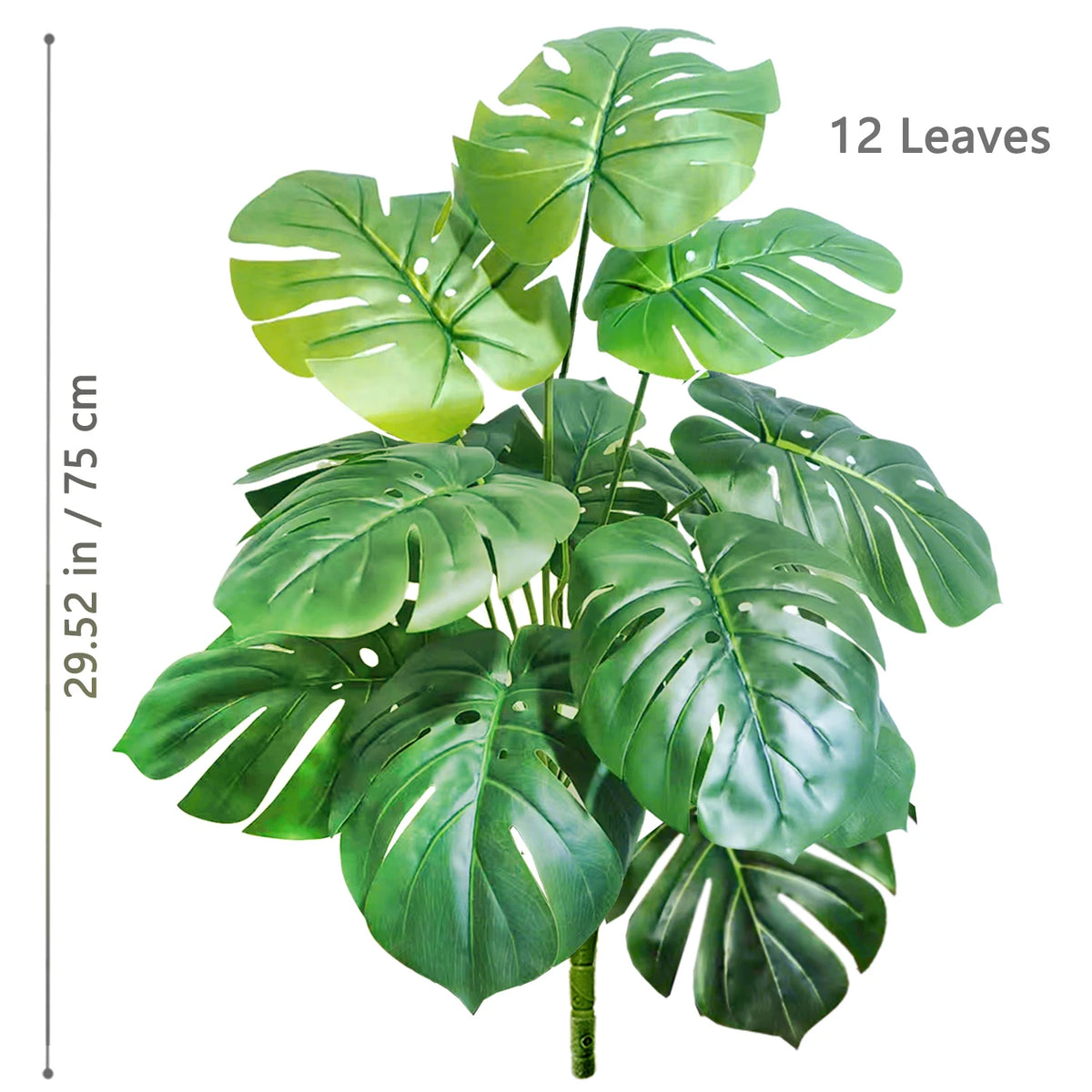A vibrant artificial Monstera plant with twelve large silk green leaves.