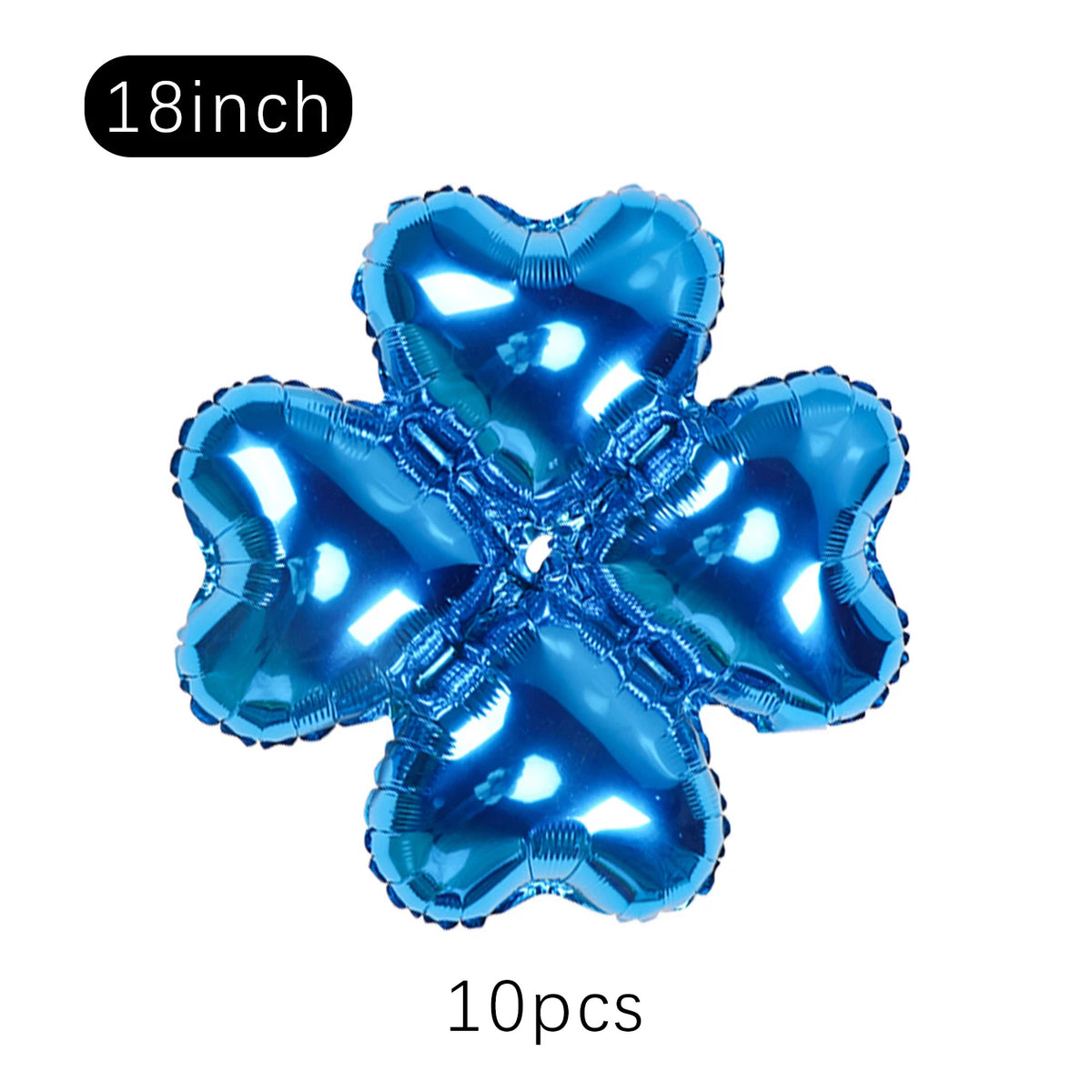 A set of ten iridescent blue flower-shaped foil balloons, 18 inches in size, for party decoration.