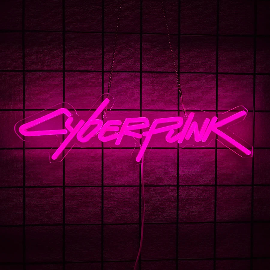 A neon pink cyberpunk text sign hangs against a dark grid background.