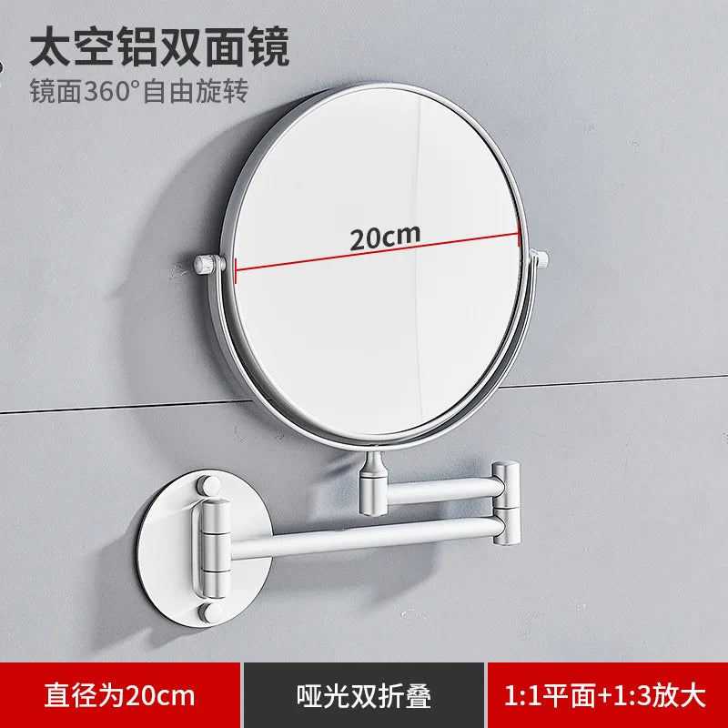 A round folding double-sided wall mirror with a 20cm diameter and telescopic arms for mounting.