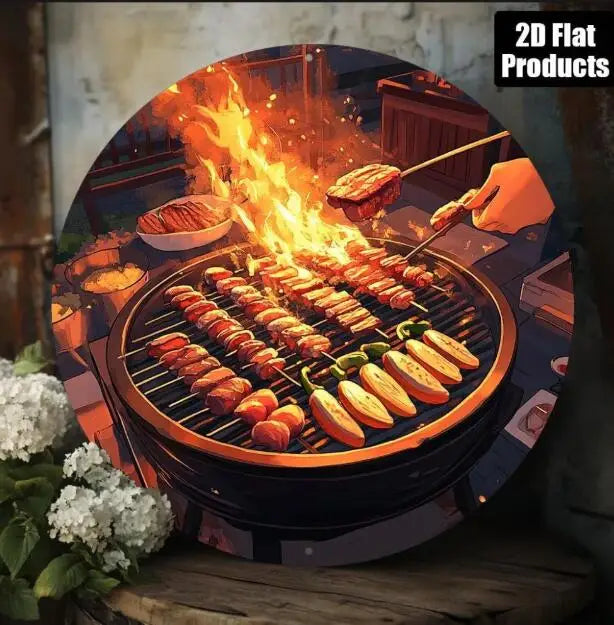 Gros plan sur un panneau de décoration de barbecue vintage avec de la viande qui grille sur un grill chaud.