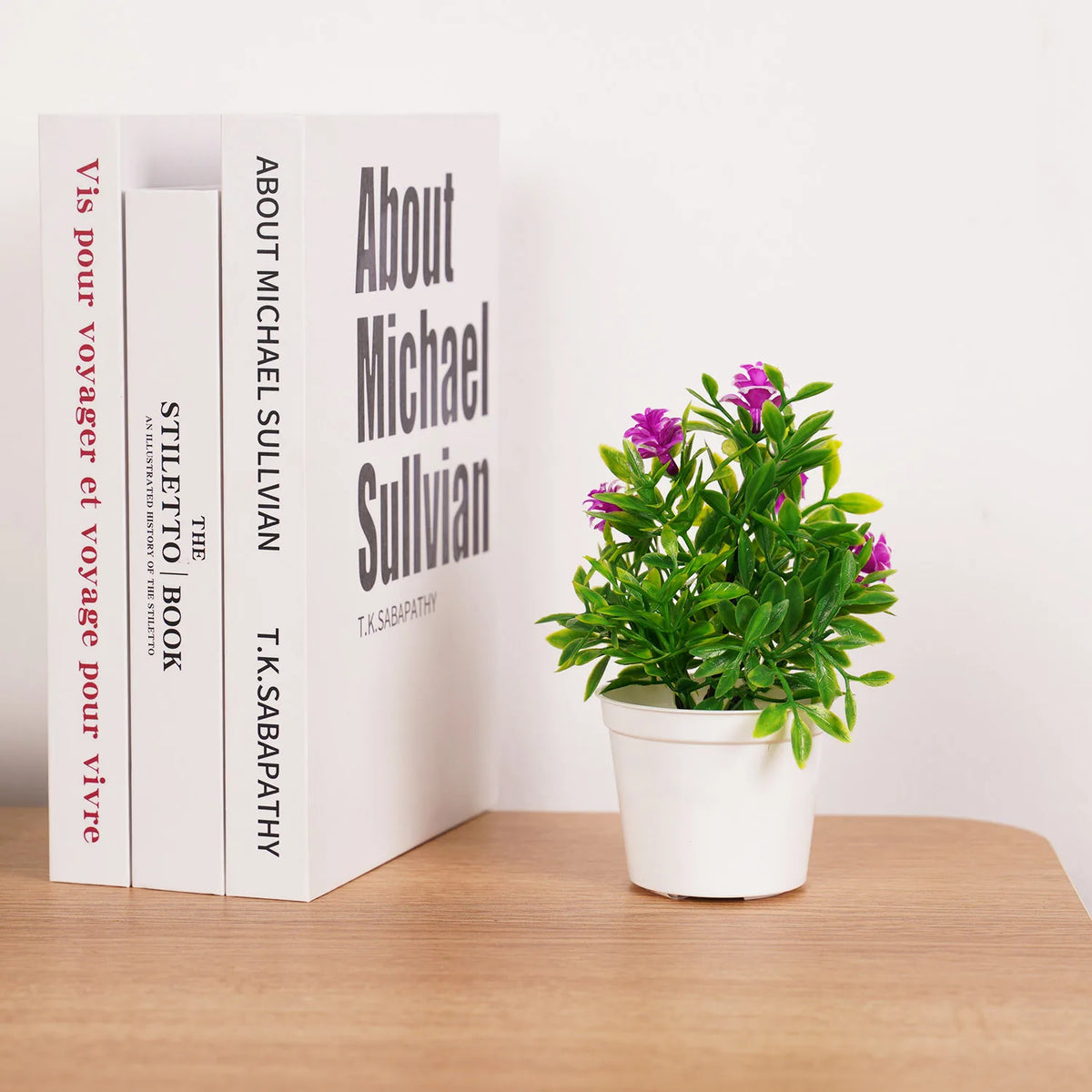 A set of three books titled About Michael Sullivan, The Siletto Book, and T.K. Sabapathy next to a potted artificial bonsai t