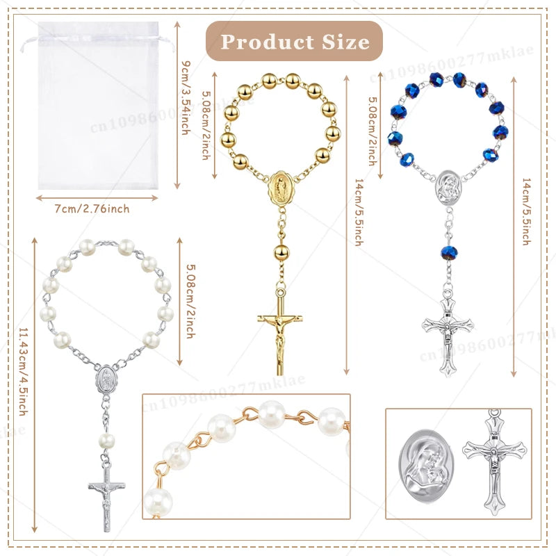 A collection of mini baptism rosary favors featuring various styles including gold and blue beads with crosses.