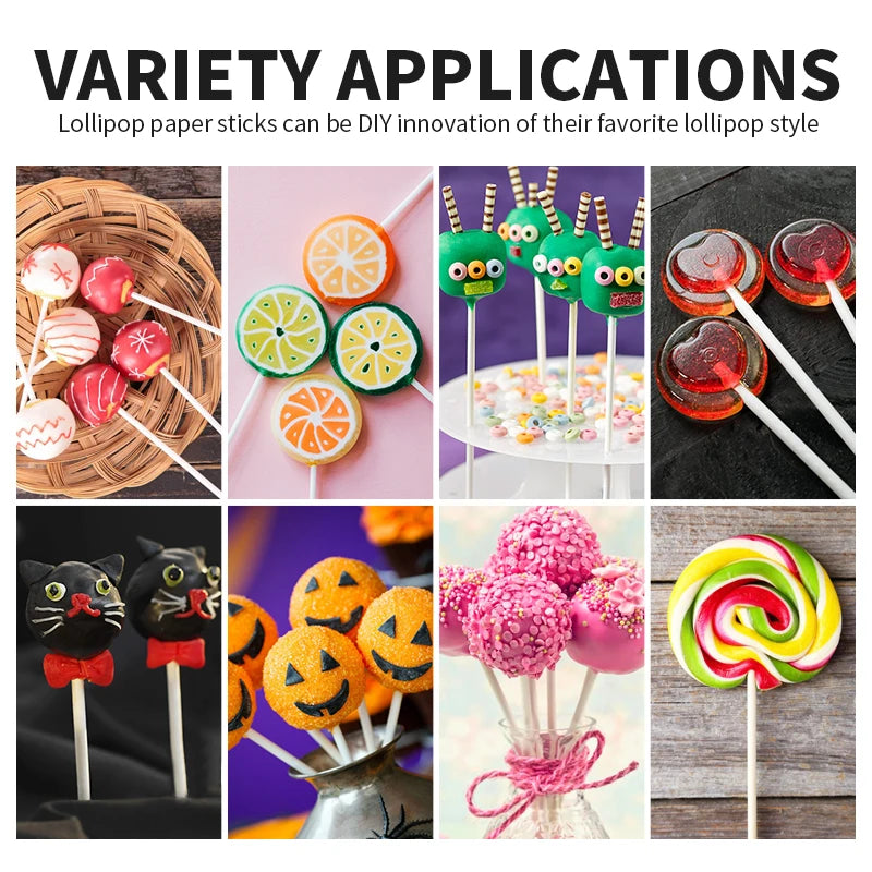 A variety of DIY lollipop paper sticks used for making cake pops and candies in different styles.