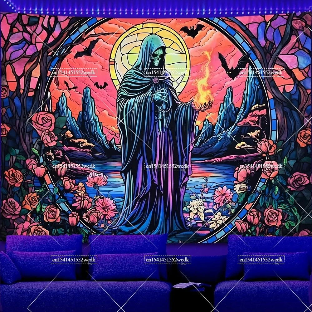 A tapestry featuring a hooded figure within a circular frame surrounded by floral and bat motifs.