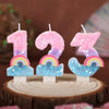 Three rainbow sequined number candles spelling '123' displayed on a wooden slice.