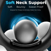 A close-up view of a portable neck fan with a spherical design, showing soft, bouncy, and sweat-proof features.