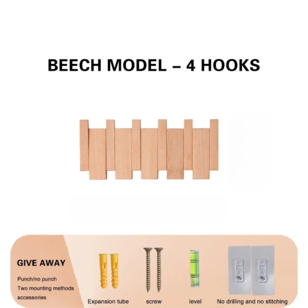 Beech model wall coat rack featuring four wooden hooks and expansion tube accessories