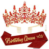A gold and red rhinestone crown and sash set for a birthday queen