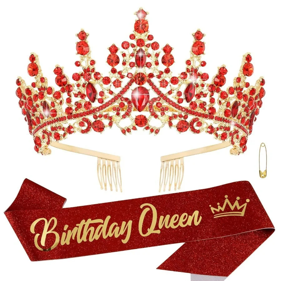 A gold and red rhinestone crown and sash set for a birthday queen