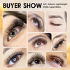 Close-up images showcasing natural volume, matte super black W-shape eyelash clusters on various eyes.
