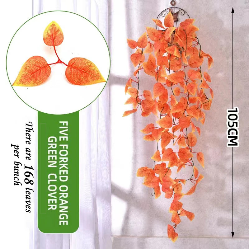 Orange forked clover artificial plant vines wall hanging featuring 168 leaves