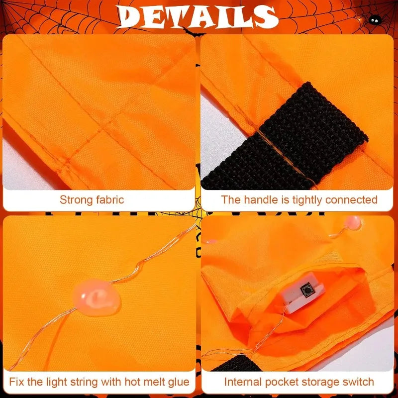 Details of an orange Halloween pumpkin tote bag showing strong fabric, a tightly connected handle, a light string with hot me