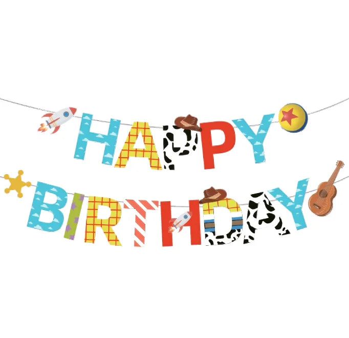 A pennant banner spelling out HAPPY BIRTHDAY with various colorful decorations and elements.