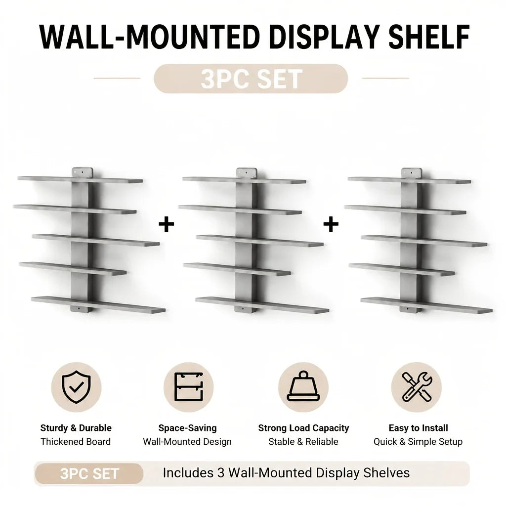 A set of three wall-mounted display shelves made of metal for storage and display.