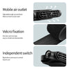 A black car backseat cooling fan showing adjustable angle, velcro fixation, and an independent switch.