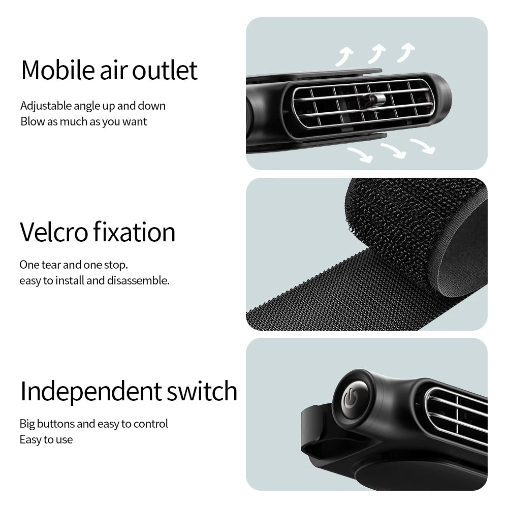 A black car backseat cooling fan showing adjustable angle, velcro fixation, and an independent switch.