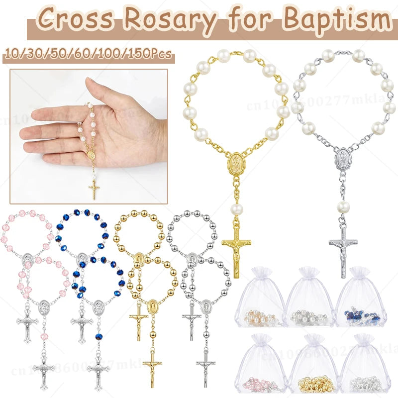 Assorted mini baptism rosary favors with crosses on white string and silk bags