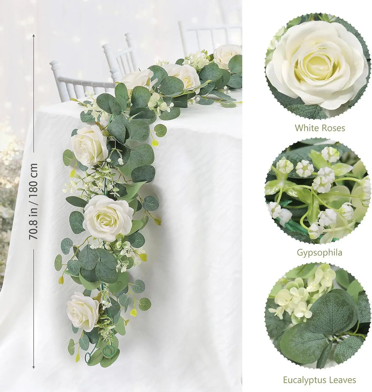 Artificial eucalyptus garland featuring white roses and white flowers for floral decoration