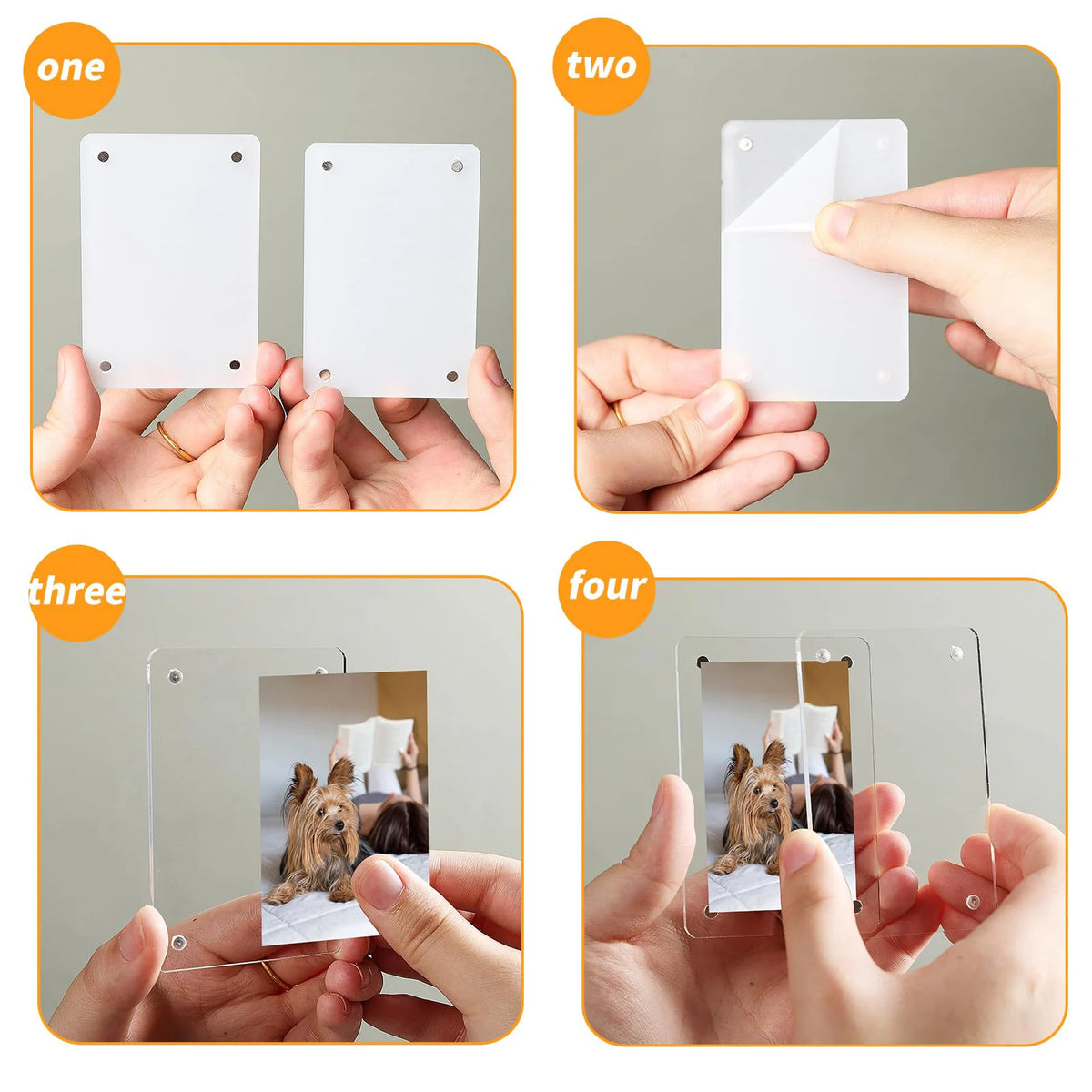 Four stages showing how to use acrylic magnetic fridge frames for mini photos