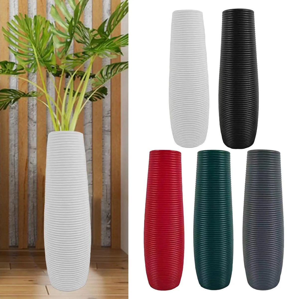 A set of modern tall floor vases in white, black, red, and green finishes.