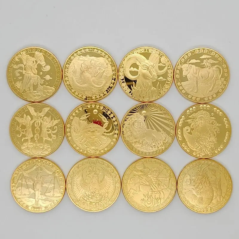 A set of twelve gold-colored commemorative iron coins depicting zodiac symbols.
