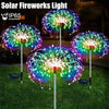 A display of colorful, light-up fireworks from a solar light product in a garden setting.
