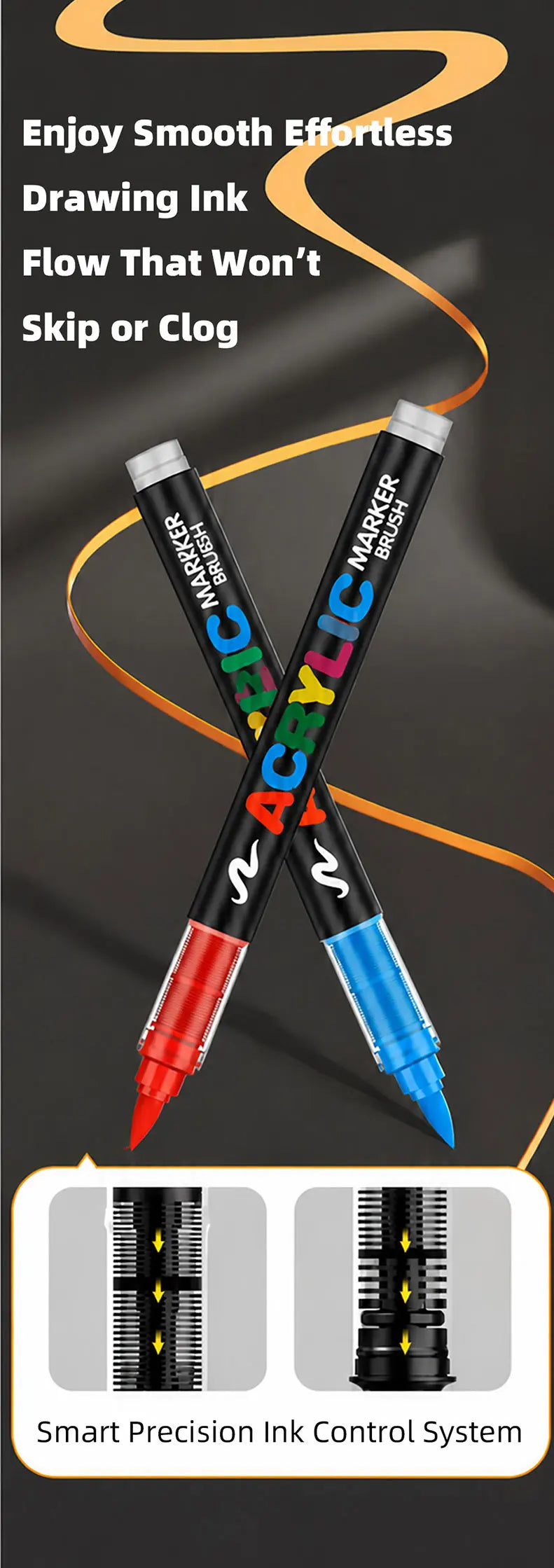 A pair of black and blue acrylic paint markers are shown diagonally, highlighting a smart precision ink control system.