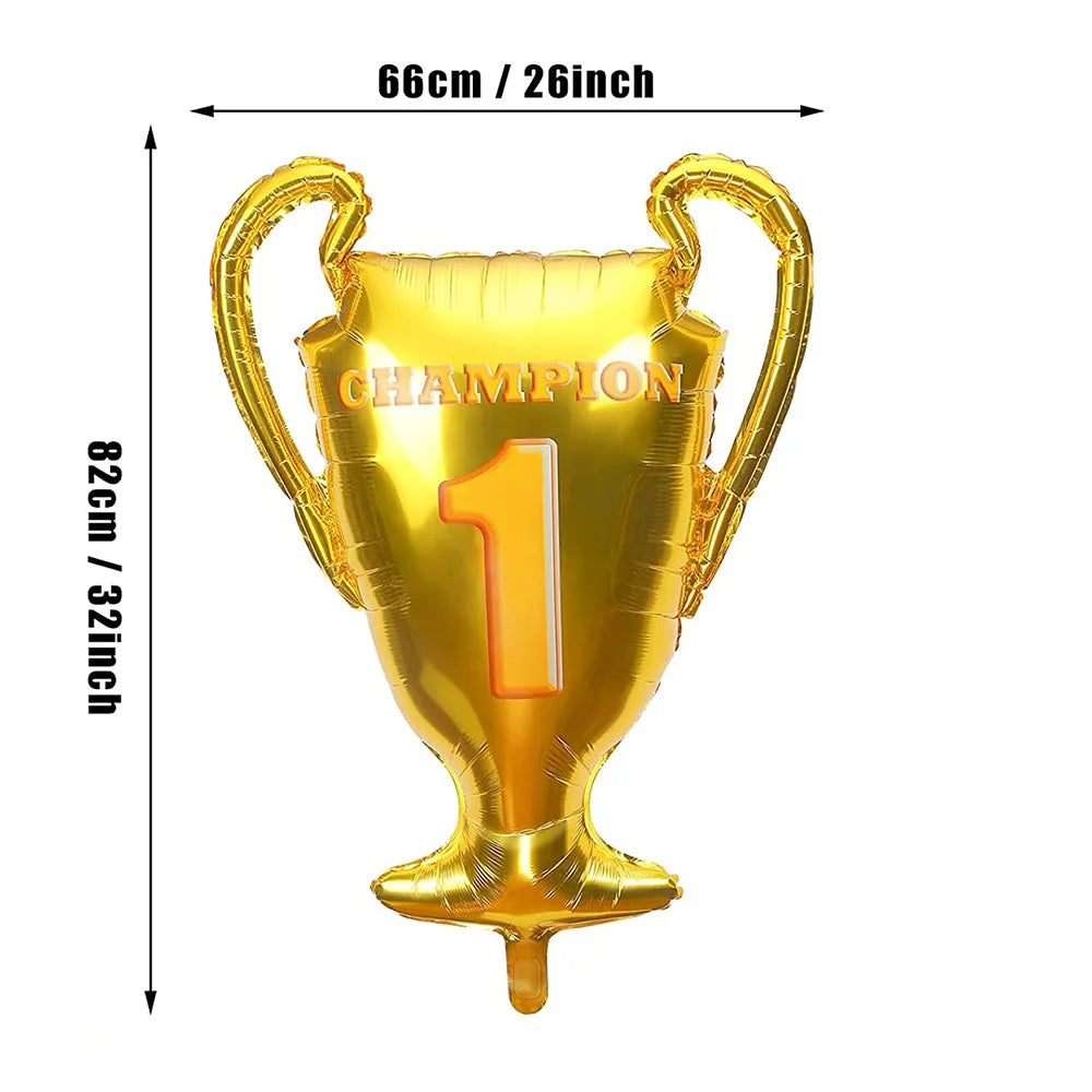 Golden foil standing soccer trophy balloon with the word CHAMPION and the number 1