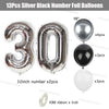 Silver and black number foil balloons including 10 inch, 32 inch, and white balloons with ribbon